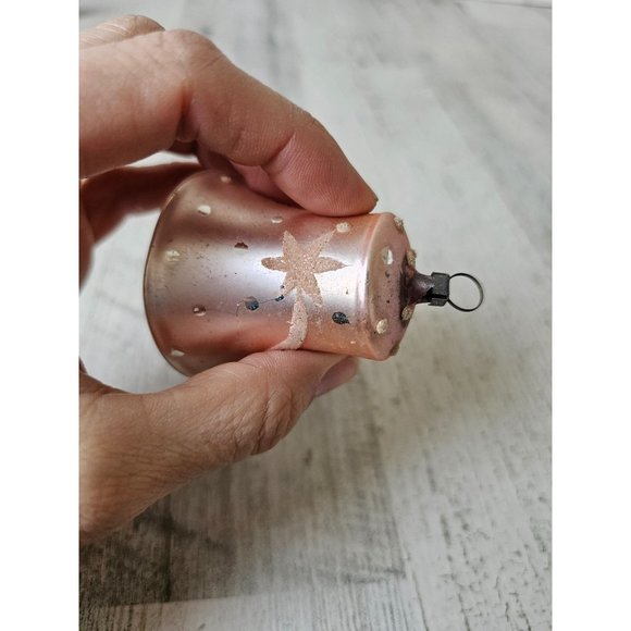 Vintage glass flocked bell beaded ornament mini Xmas pink tree - Picture 8 of 9